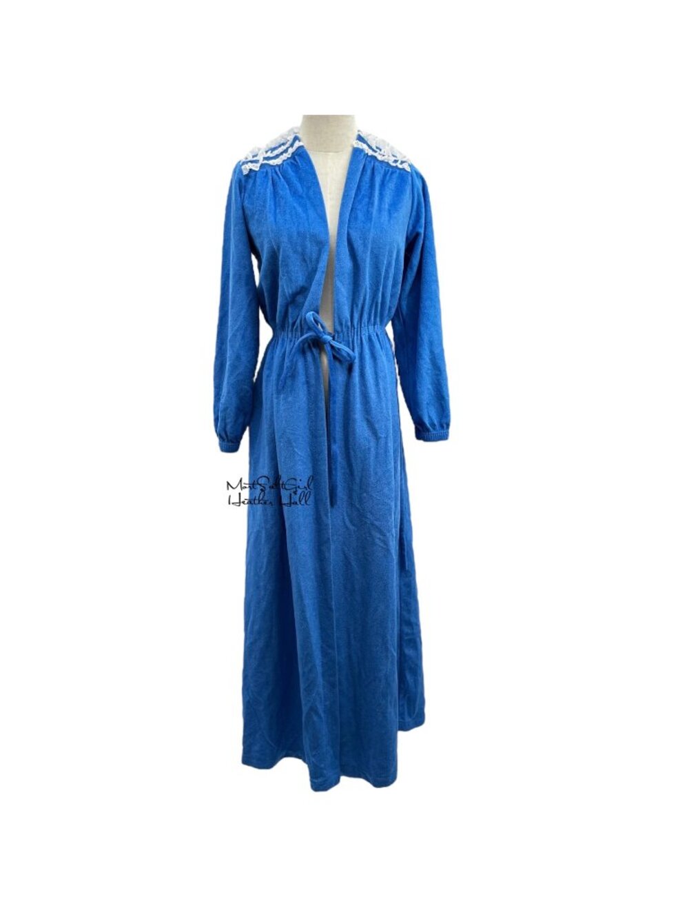 Vintage 1980's  Julie Girl Blue Robe Drawstring Waist & Lace Accent Trim